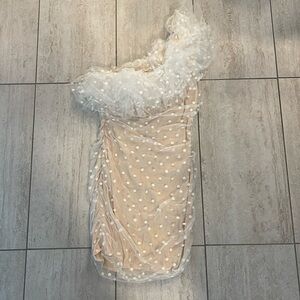 One shoulder ruffle white polka dot dress
